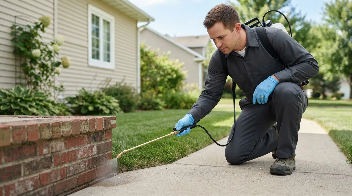 Pest control technician treating a home near San Leandro, CA